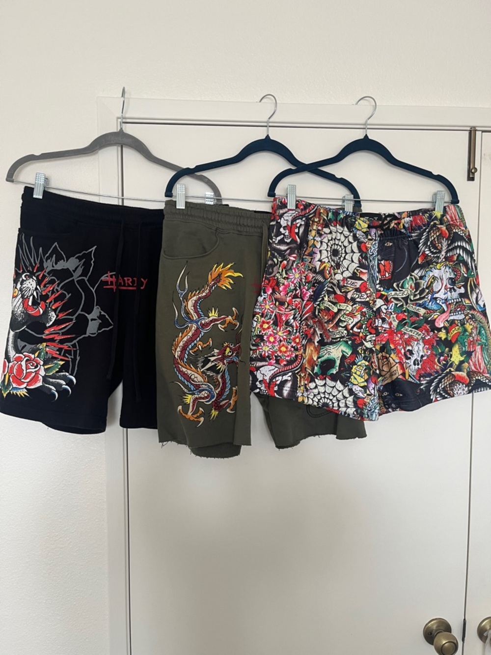 Ed Hardy Graphic Dragon & Floral Print Shorts Trio - Black, Olive, Multicolor